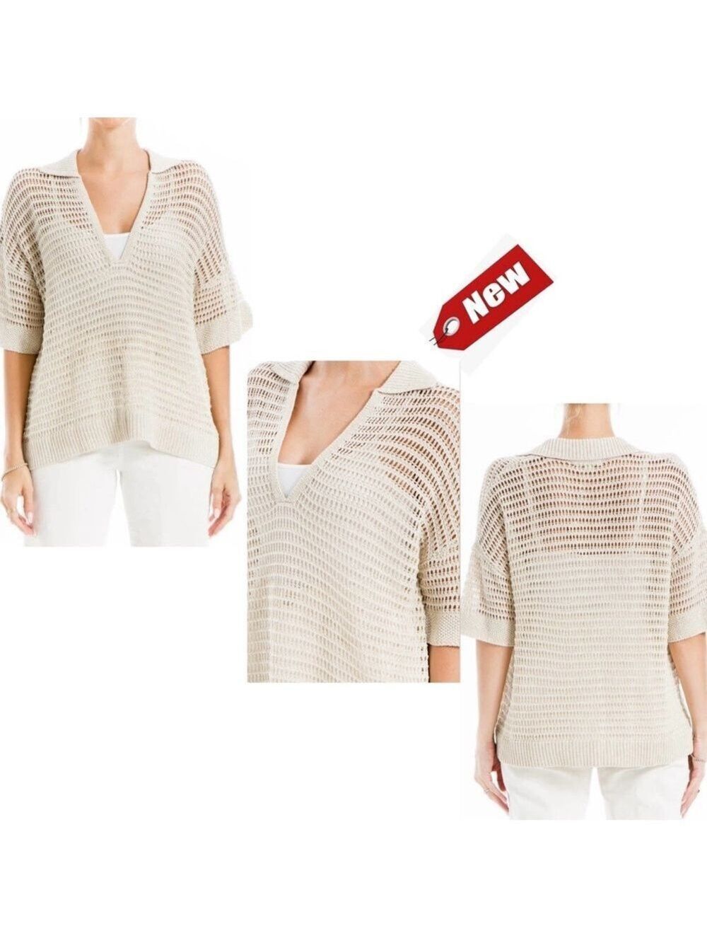 MAX STUDIO V-neck Knit Sheer Polo Sweater In Oyster-oyster Sz S NWT